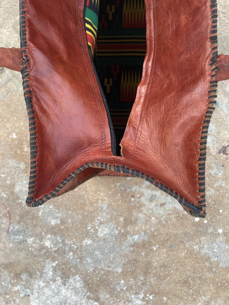 big leather bag / mud cloth woven textile